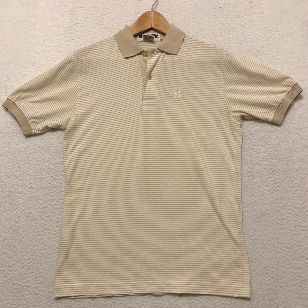 VTG Boast Polo Shirt Mens S Striped Embroidered Leaf Hong Kong Lightweight Cream